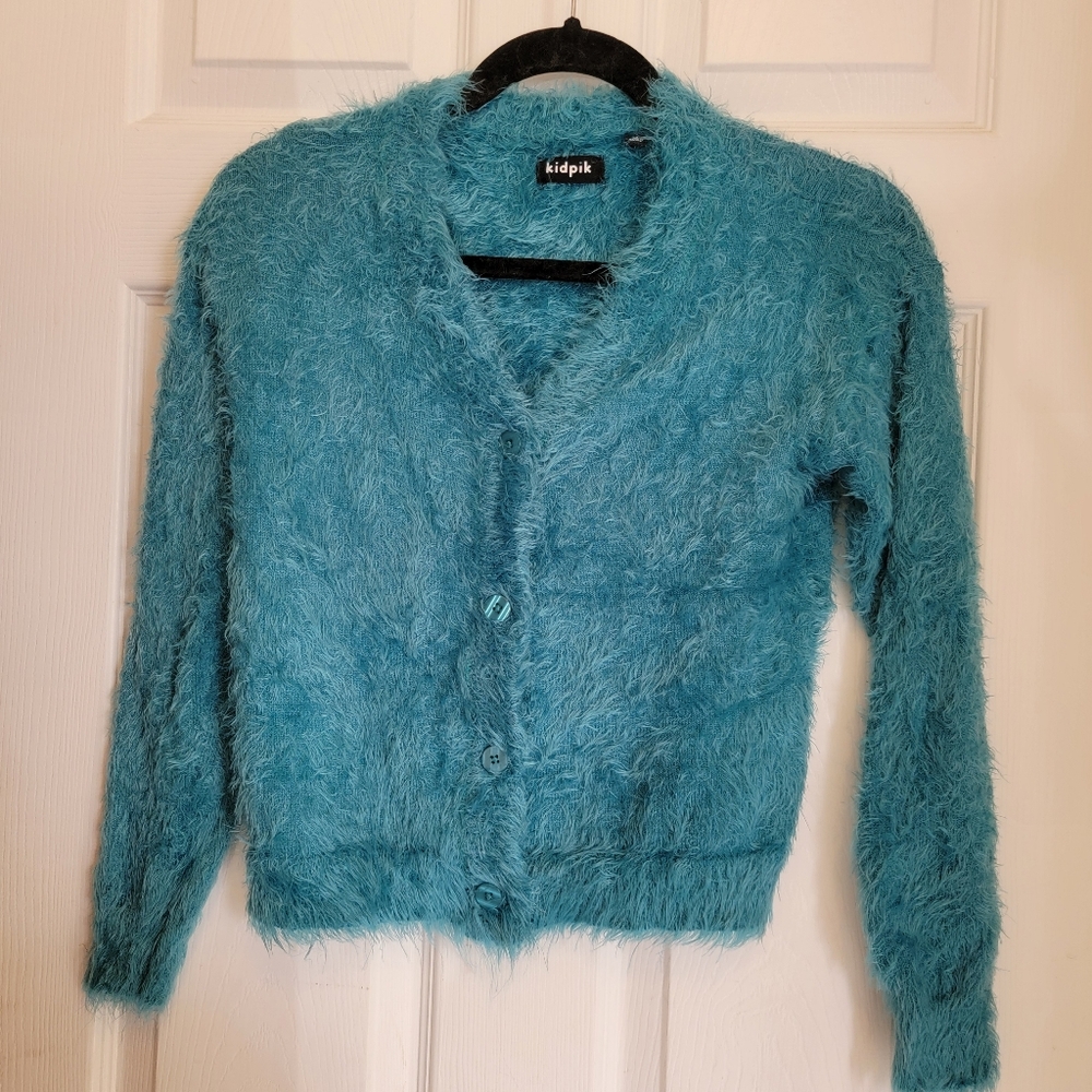 Kidpik M 10 Teal Girls Fuzzy Cardigan Sweater